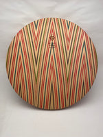 Beautiful and playful bar stool seat. made of skateboard wood layers. Bottom view with engraving. Fits on most supports with round top structure.